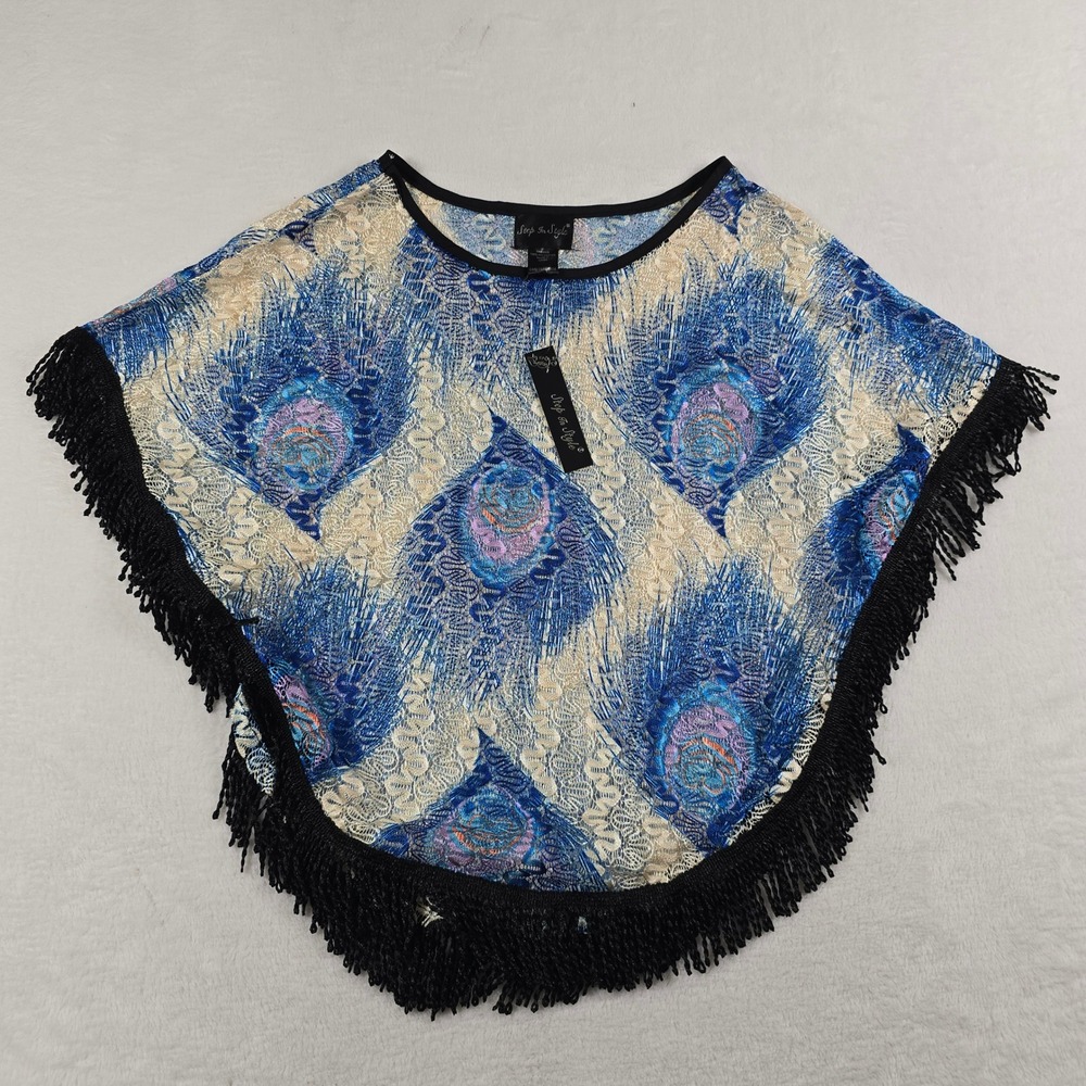 Step In Style Blue Peacock Feather Lace Fringe Poncho Cape One Size New NWT